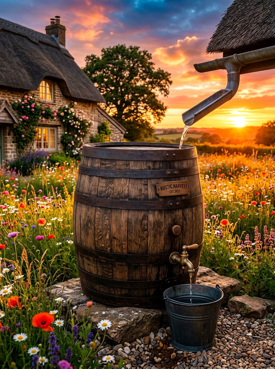 Rustic Whiskey Barrel Water Collector - 30 rainwater collection ideas