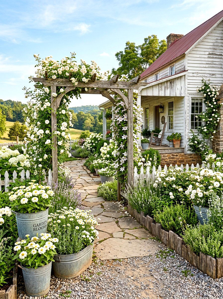 Rustic White Farmhouse Garden - 30 white bloom garden ideas