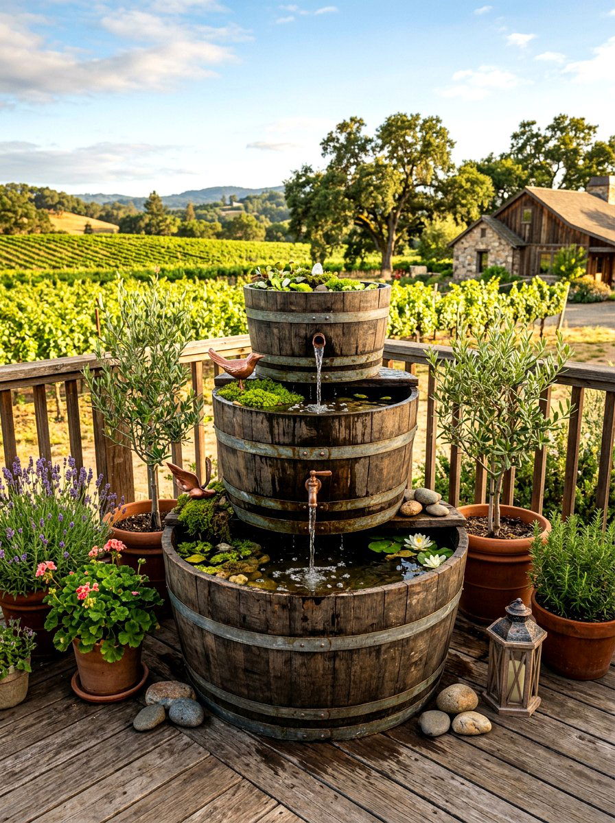 Rustic Wine Barrel Fountain - 30 garden fountain ideas