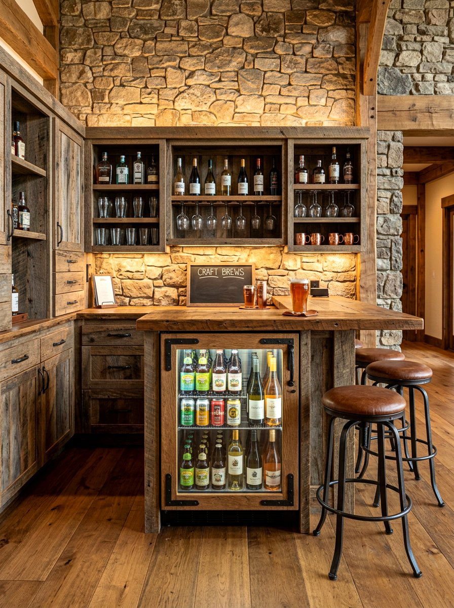 Rustic Wood Bar With Glass Fridge - 30 beverage cooler cabinet ideas