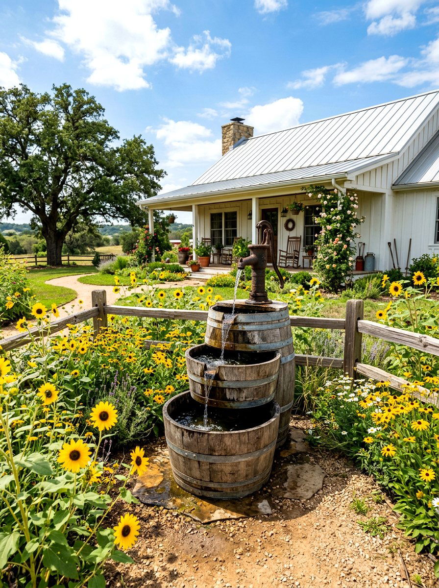Rustic Wood Barrel Fountain - 30 entry fountain landscaping ideas
