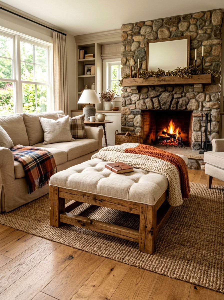 Rustic Wood Base Ottoman - 30 oversized ottoman living room ideas