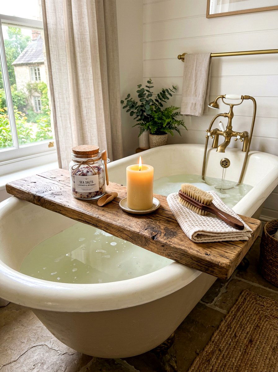 Rustic Wood Bath Board - 30 bath tray spa ideas
