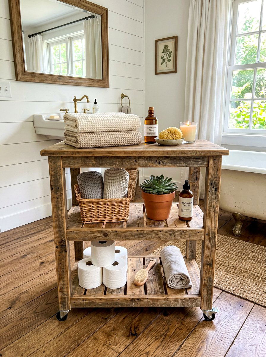 Rustic Wood Bathroom Cart - 30 aesthetic bathroom cart ideas