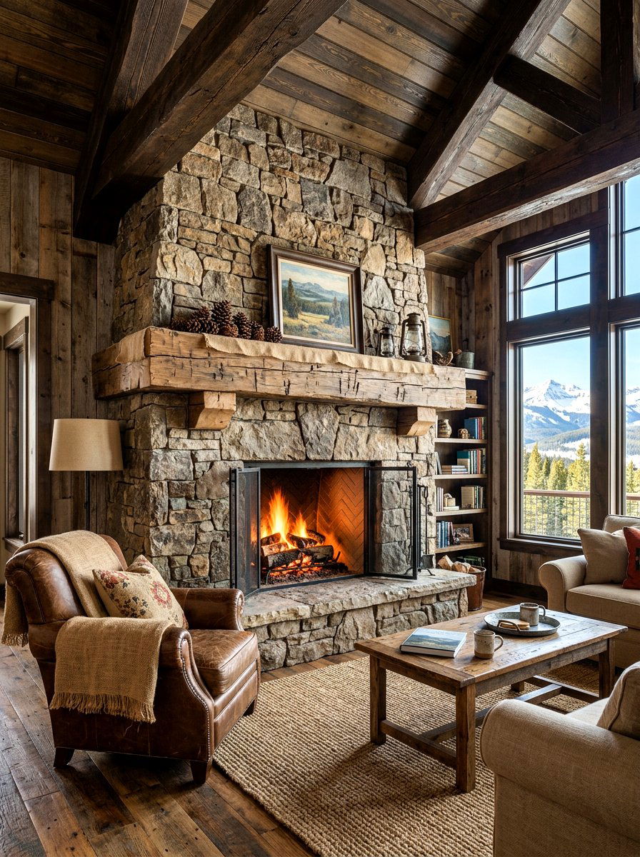 Rustic Wood Beam Fireplace - 30 fall mantel styling ideas