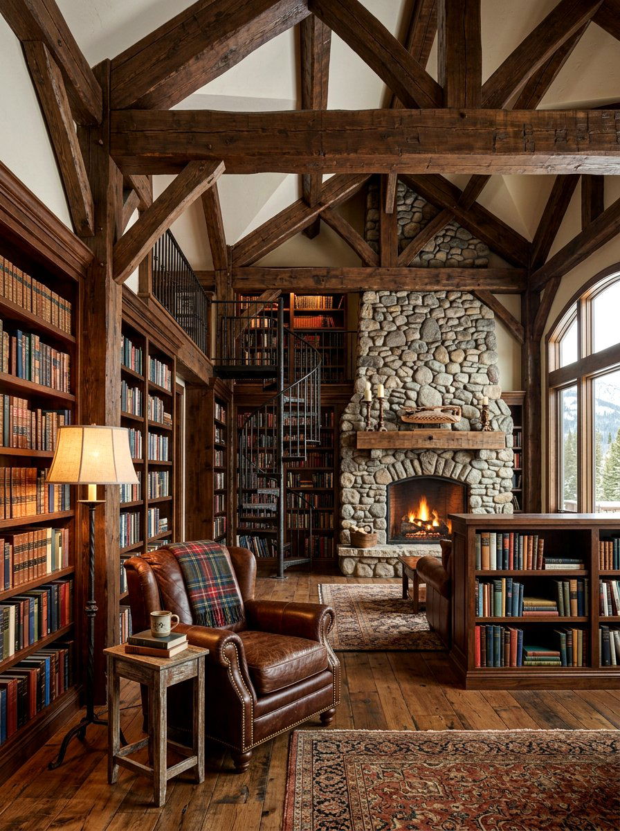 Rustic Wood Beam Library - 30 attic reading nook ideas