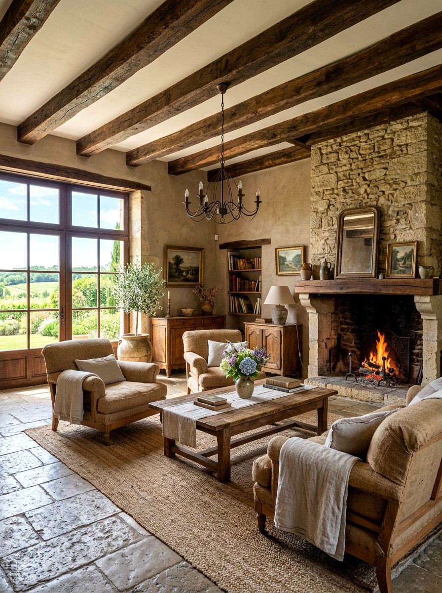 Rustic Wood Beam Living Room - 30 French country living room ideas