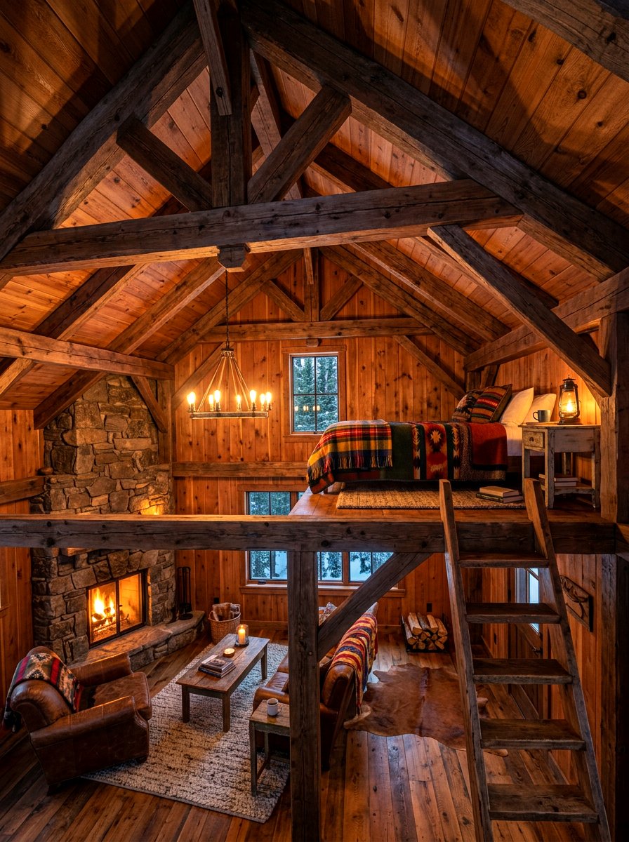 Rustic Wood Beam Loft - 30 tiny house loft bed ideas