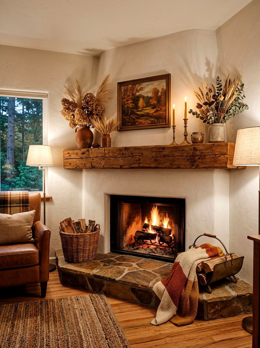 Rustic Wood Beam Mantel - 30 corner fireplace ideas