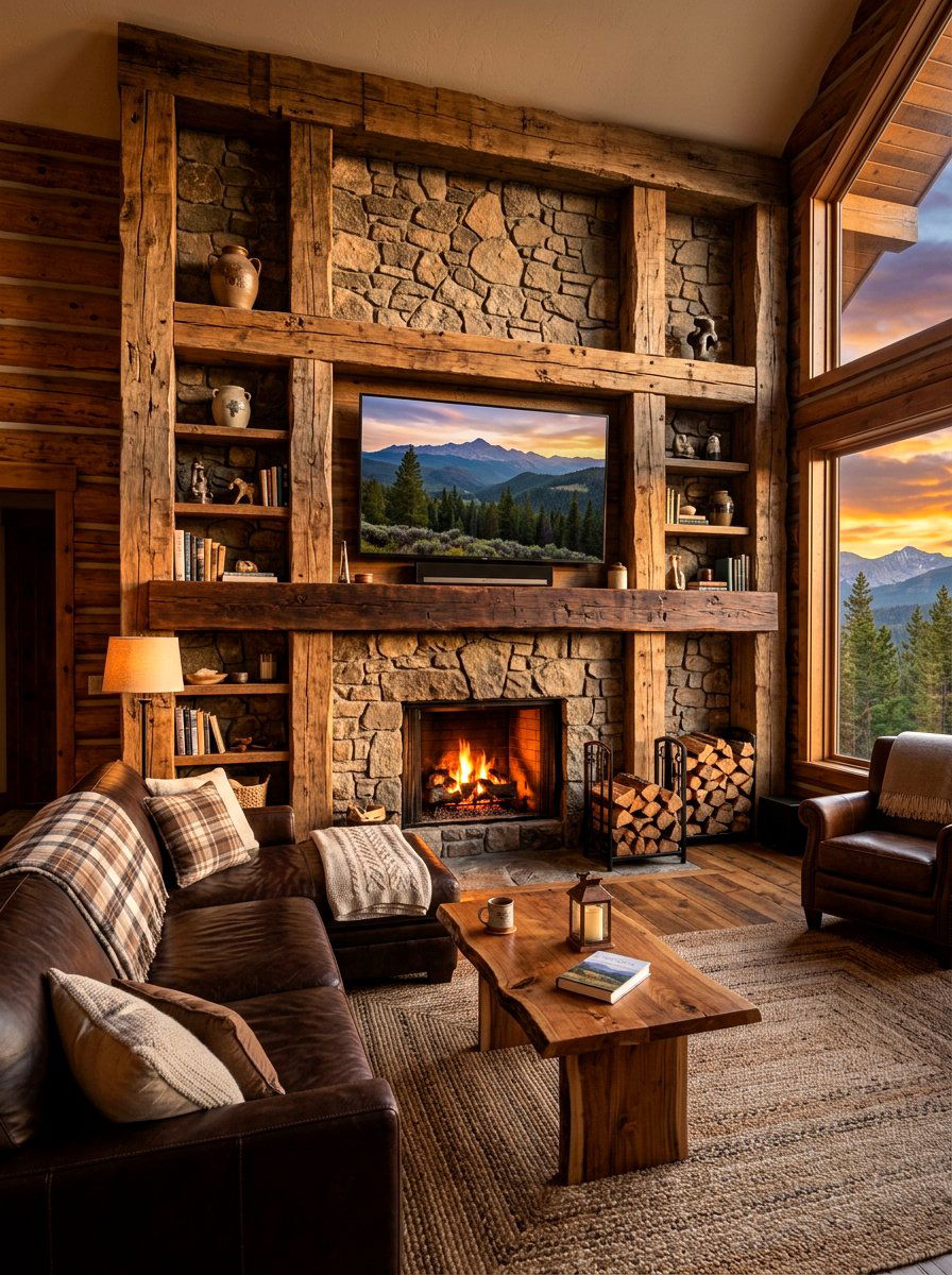 Rustic Wood Beam Media Wall - 30 built in media wall ideas