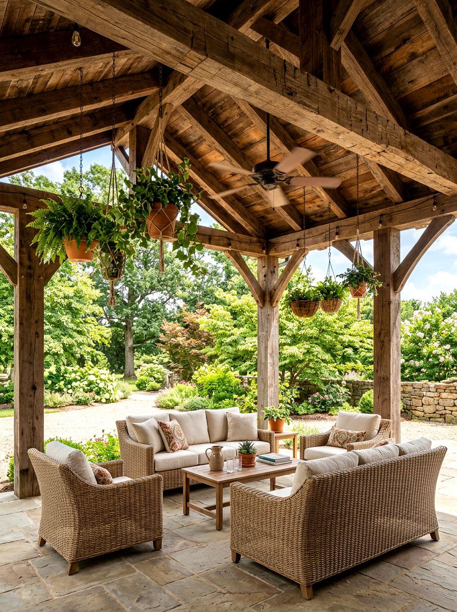 Rustic Wood Beam Patio Cover - 30 Mediterranean backyard lounge ideas