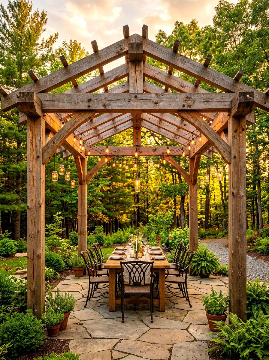 Rustic Wood Beam Pergola - 30 pergola dining backyard ideas