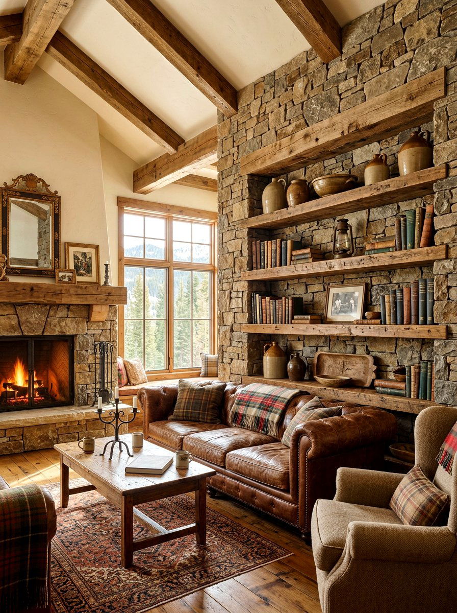 Rustic Wood Beam Shelves - 30 built in bookshelf ideas
