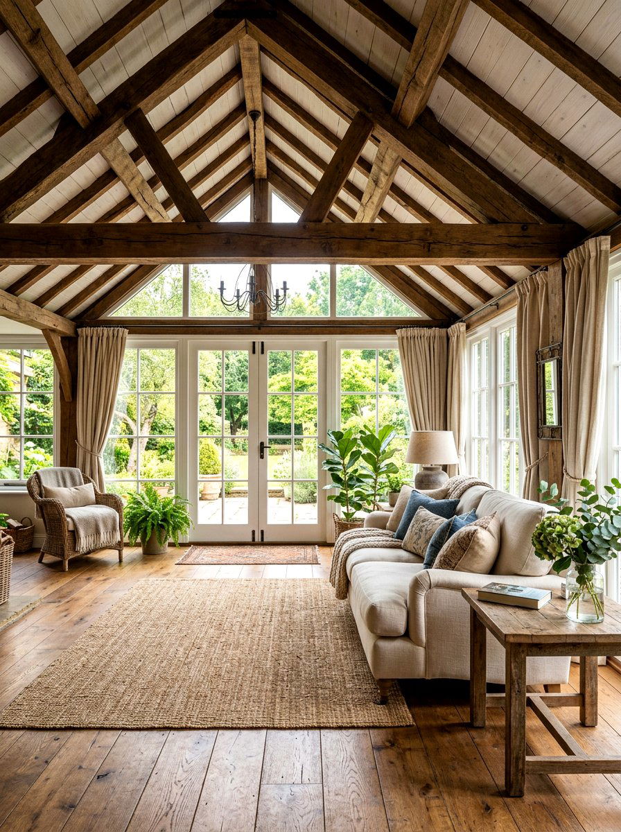 Rustic Wood Beam Sunroom - 30 farmhouse sunroom ideas