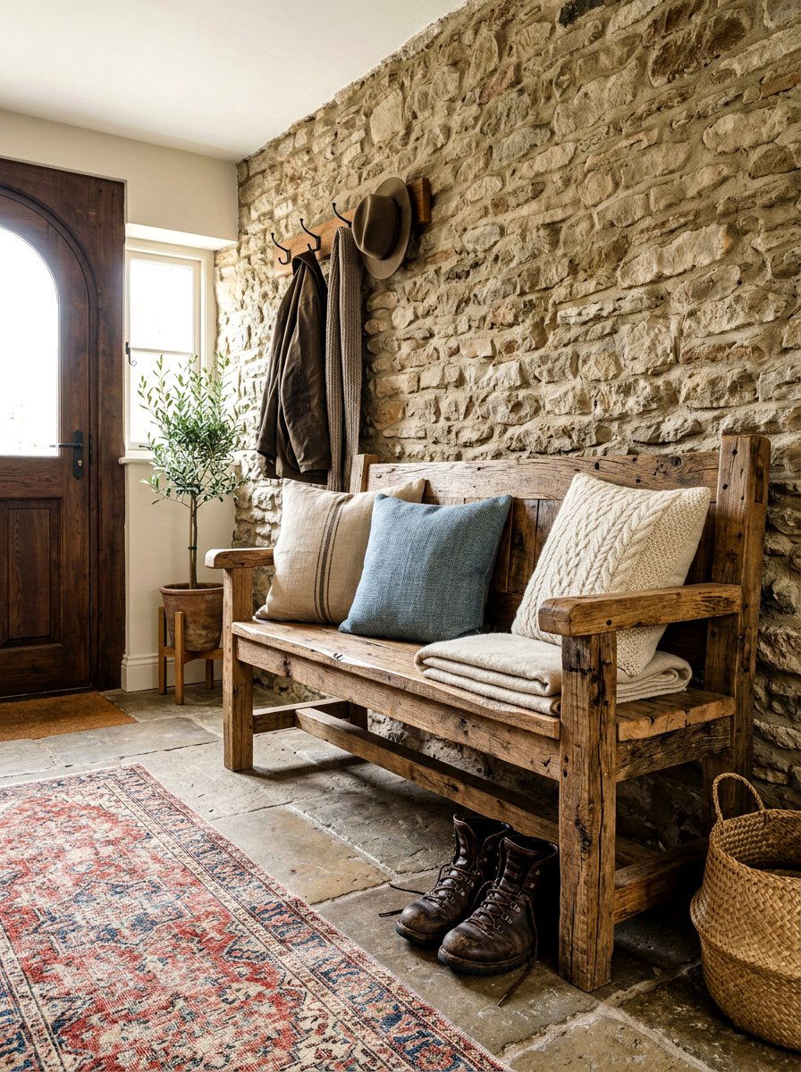 Rustic Wood Bench - 30 old world entryway ideas