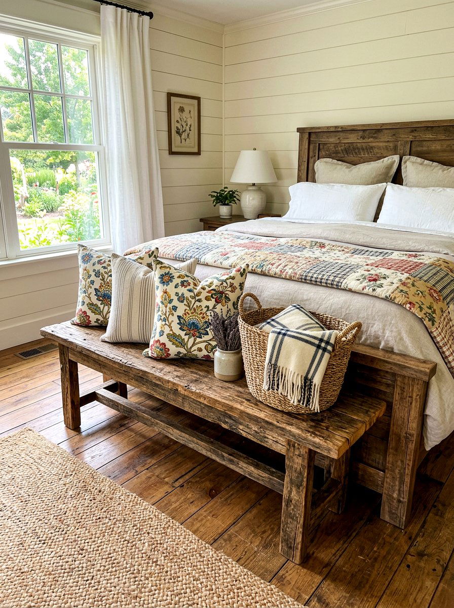 Rustic Wood Bench - 30 flower market bedroom ideas