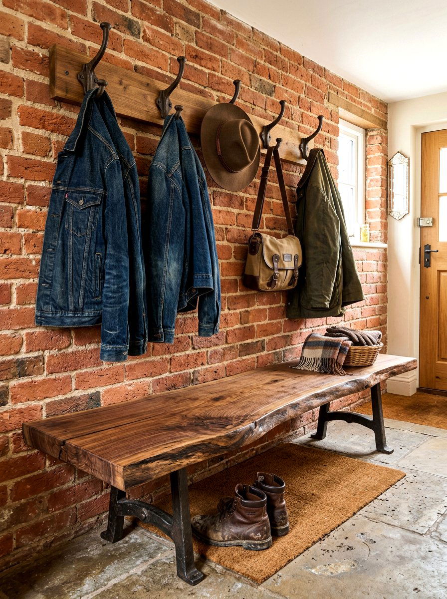 Rustic Wood Bench With Cast Iron Hooks - 30 entry bench and hooks ideas