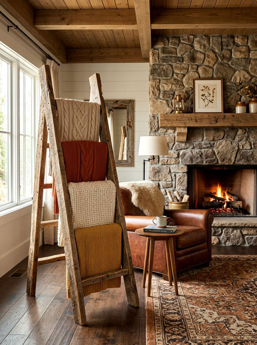 Rustic Wood Blanket Ladder - 30 blanket ladder ideas