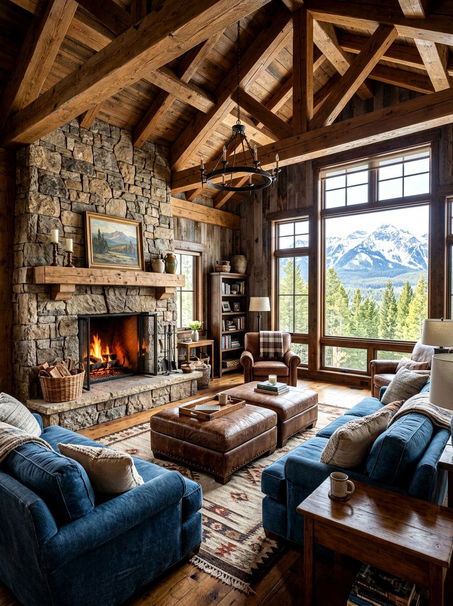 Rustic Wood Blue Living Room - 30 denim blue living room ideas