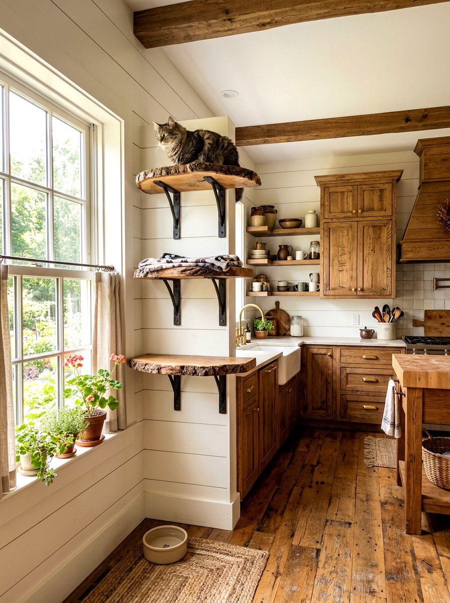 Rustic Wood Cat Perch - 30 cat climbing wall aesthetic ideas