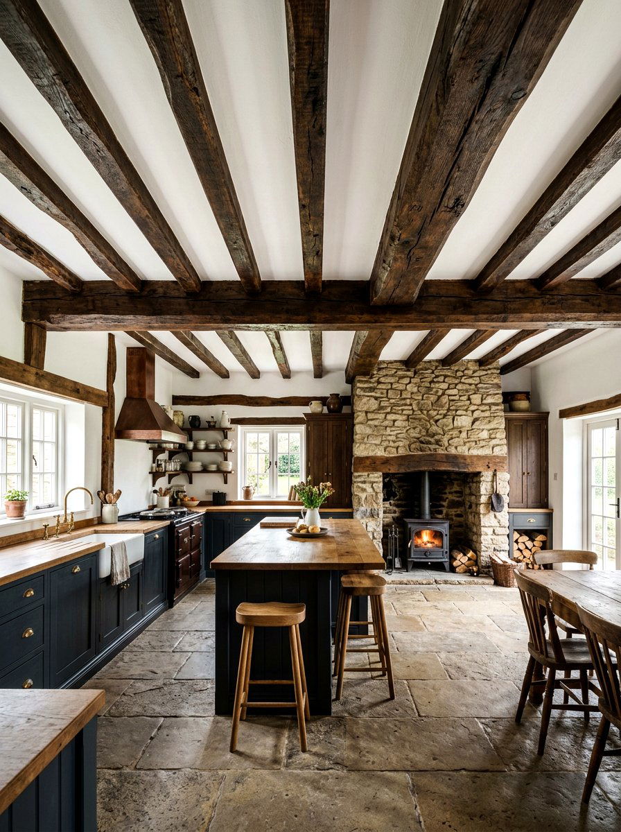 Rustic Wood Ceiling Beam - 30 moody cottage kitchen ideas
