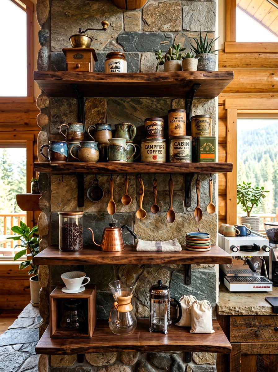 Rustic Wood Coffee Shelving - 30 coffee station shelf styling ideas
