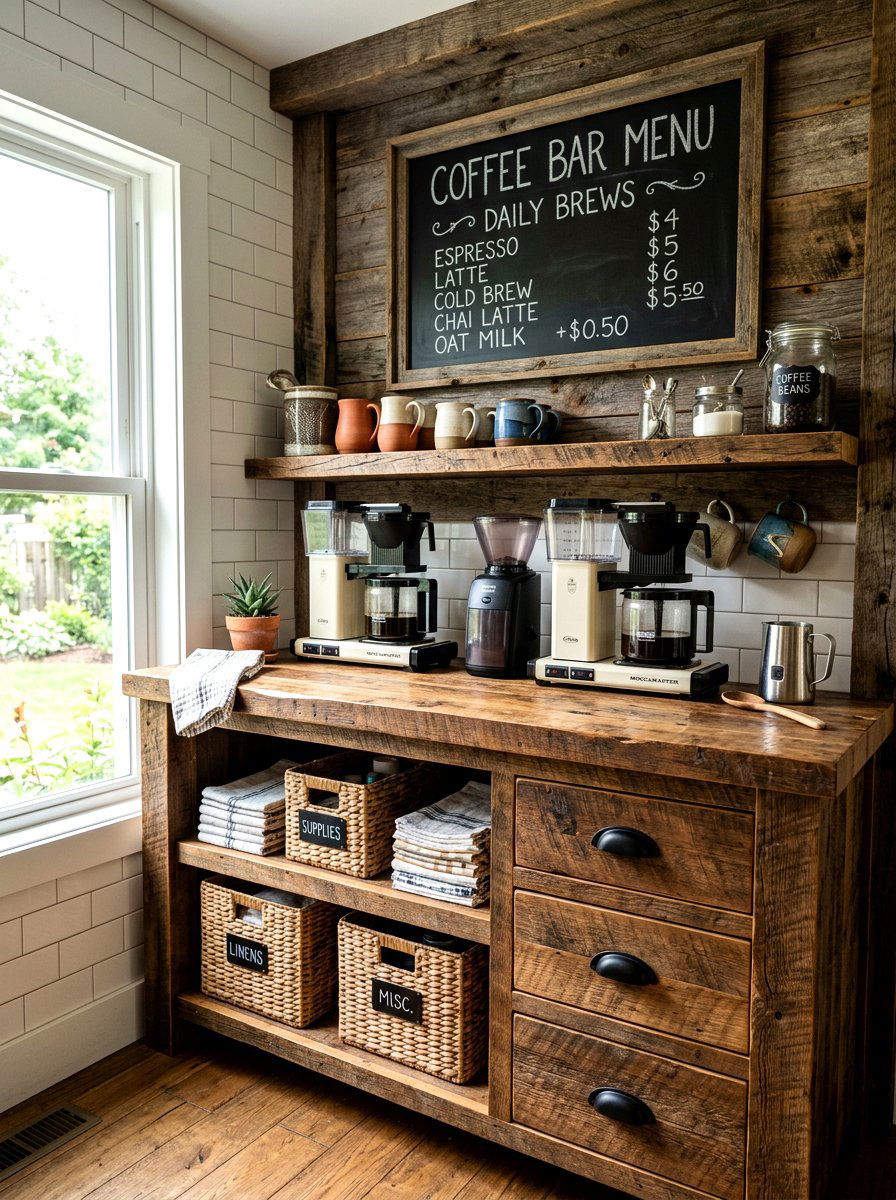 Rustic Wood Coffee Station - 30 beverage pantry ideas aesthetic