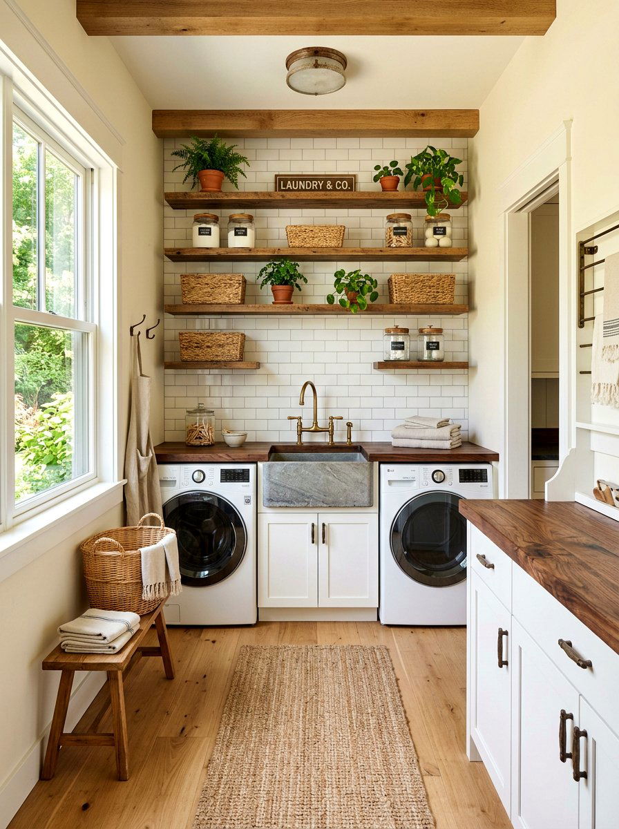 Rustic Wood Countertop - 30 laundry room storage ideas