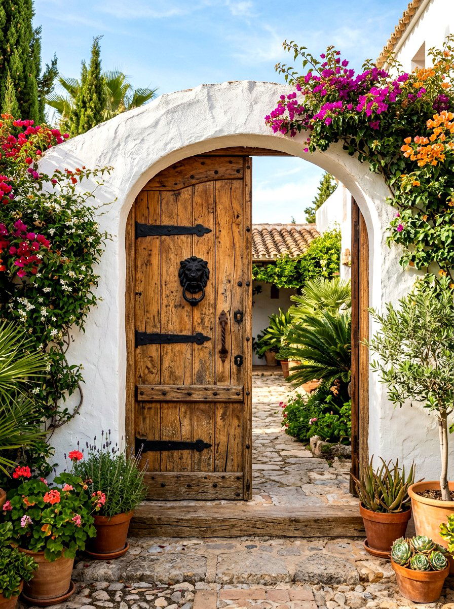 Rustic Wood Courtyard Door - 30 Spanish courtyard exterior ideas