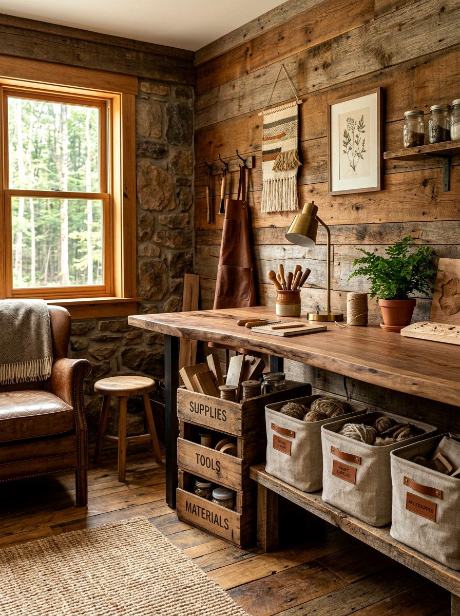 Rustic Wood Craft Corner - 30 crafting nook ideas