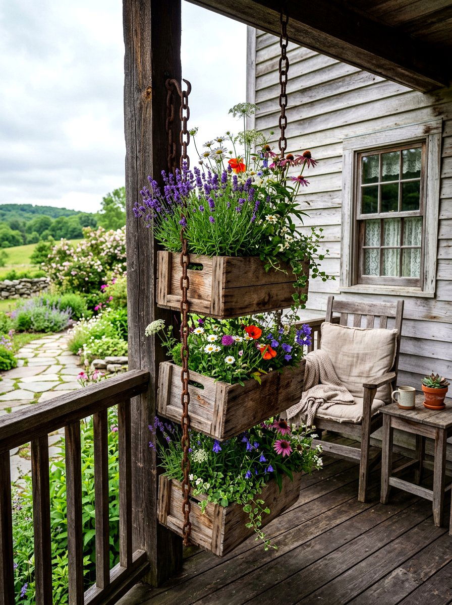 Rustic Wood Crate Porch Planter - 30 porch ceiling planter ideas