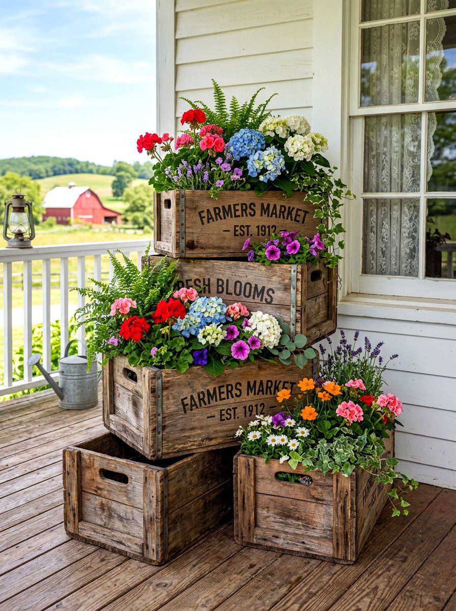 Rustic Wood Crates - 30 front steps decor ideas