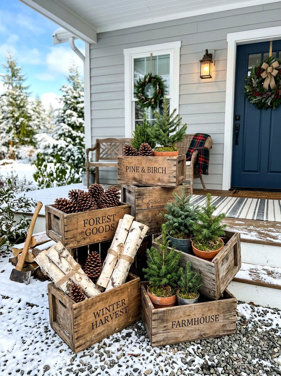 Rustic Wood Crates - 30 winter front porch ideas