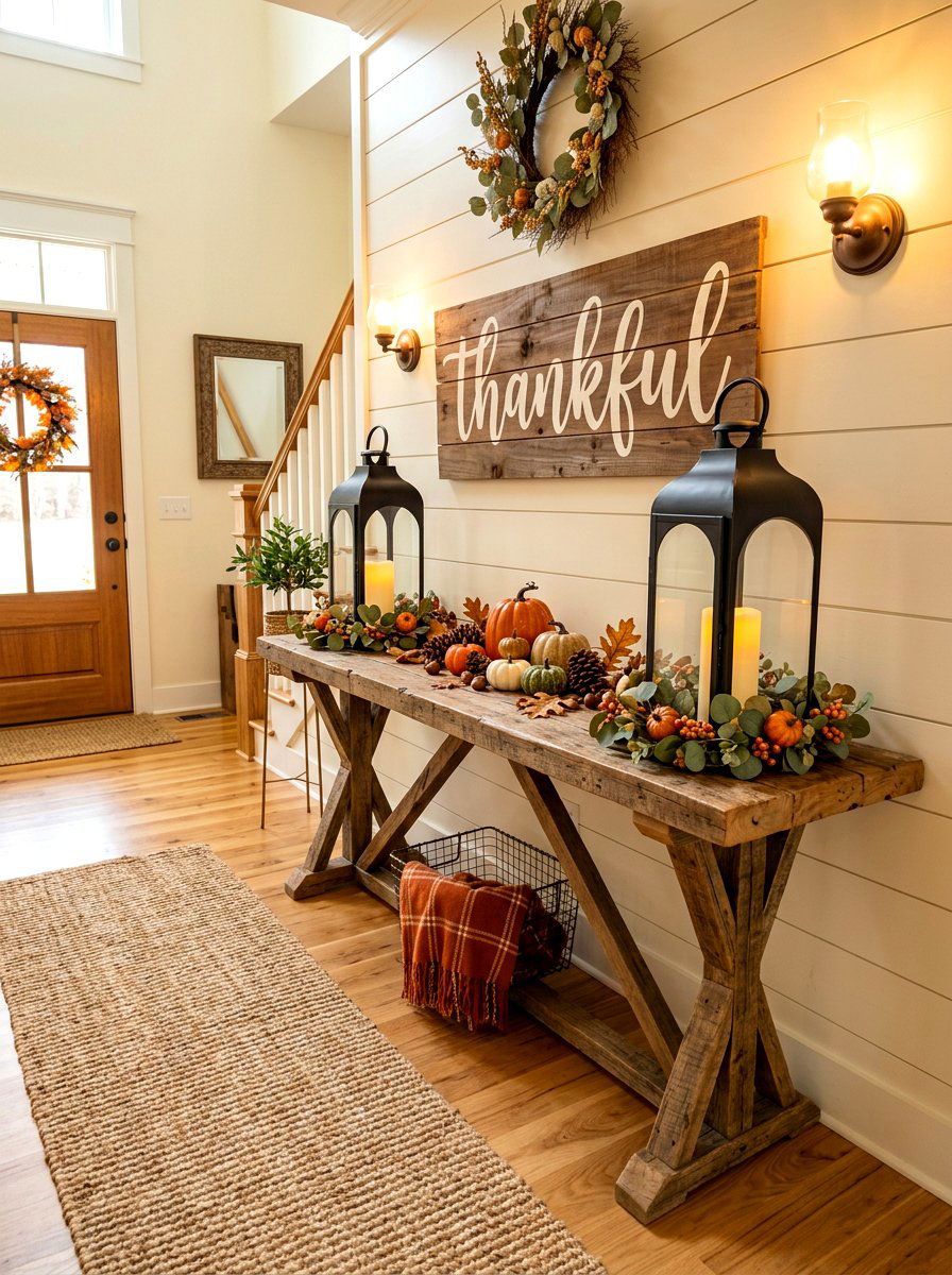 Rustic Wood Fall Entry Table - 30 Thanksgiving entry table ideas