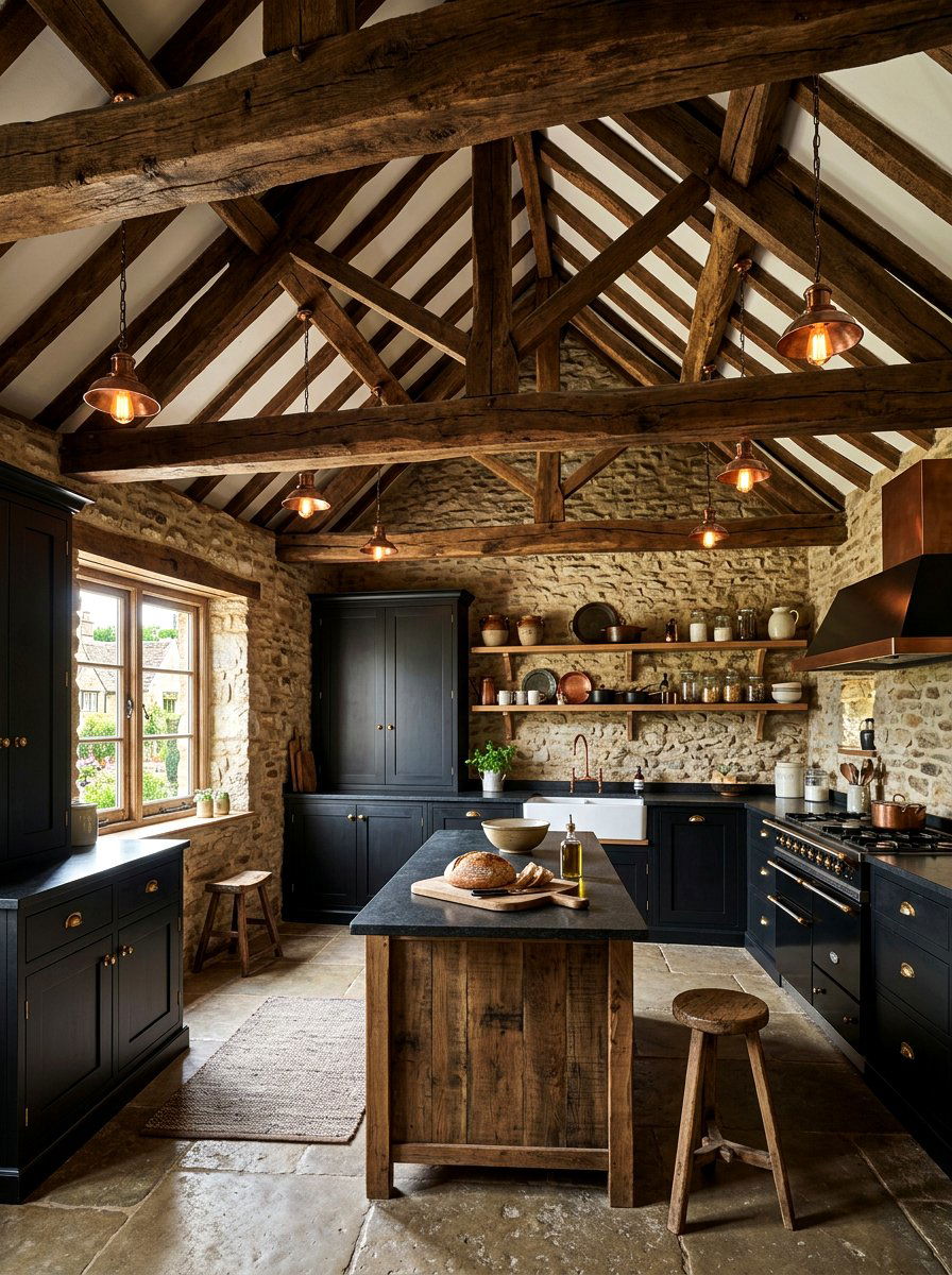 Rustic Wood Kitchen Beam - 30 moody lamp lit kitchen ideas