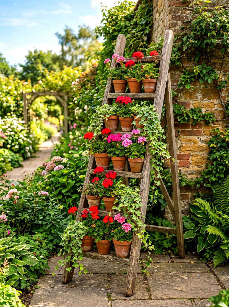 Rustic Wood Ladder Planter - 30 ladder planter ideas