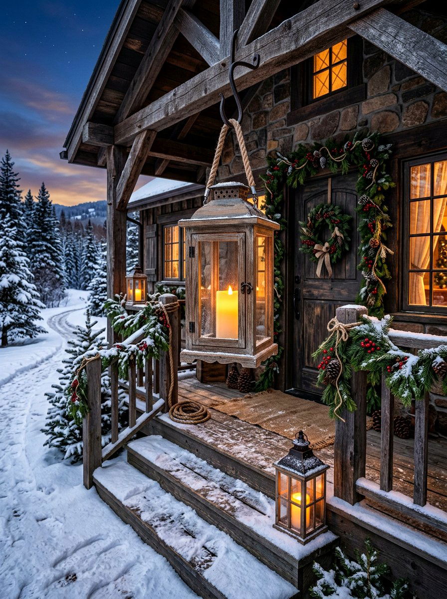 Rustic Wood Lantern Porch - 30 winter porch lantern ideas
