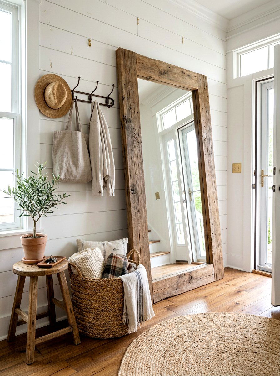 Rustic Wood Leaning Mirror Entryway - 30 oversized mirror leaning wall ideas