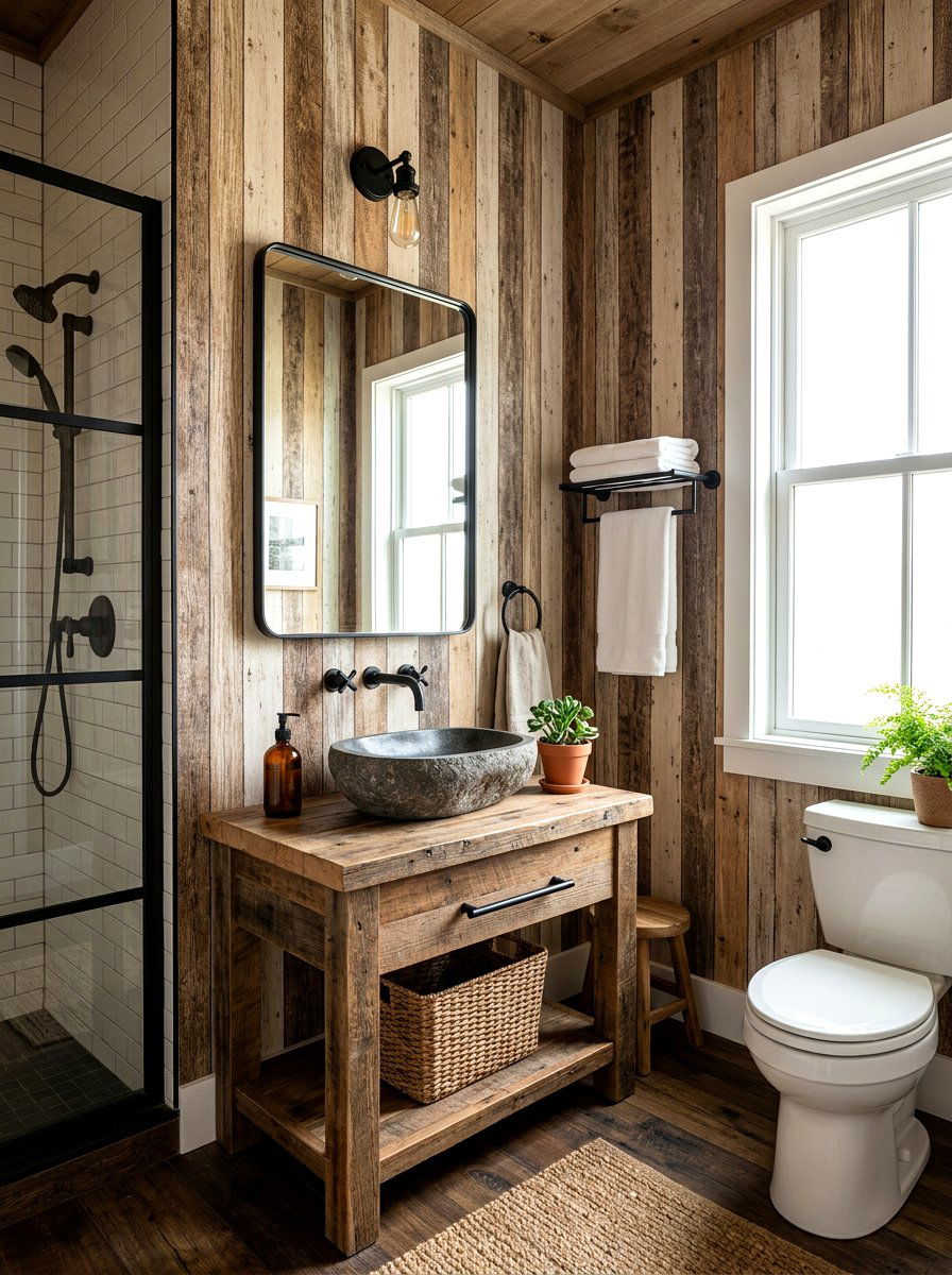 Rustic Wood Look Striped Bathroom - 30 striped bathroom wallpaper ideas