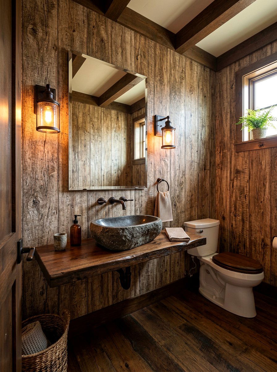 Rustic Wood Look Wallpaper - 30 wallpapered powder room ideas