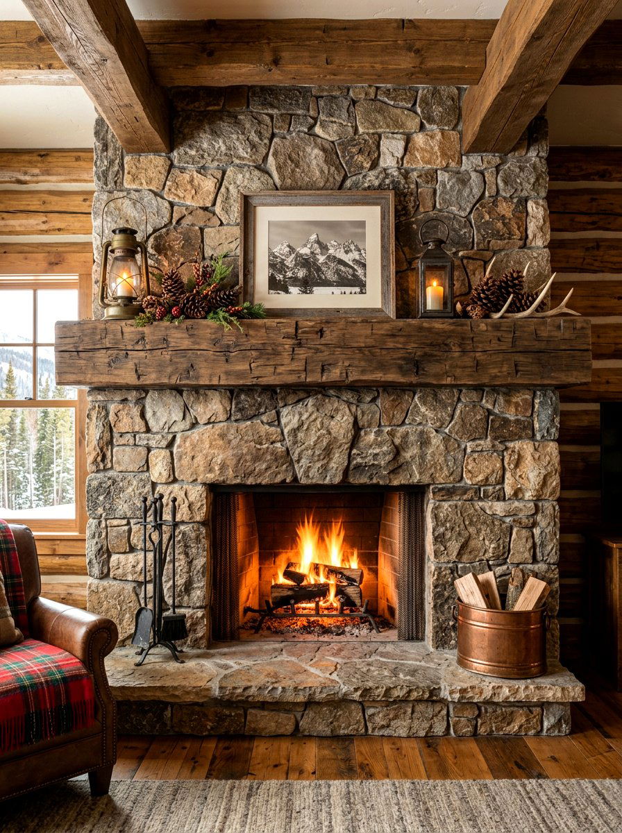 Rustic Wood Mantel - 30 fireplace wall living room ideas