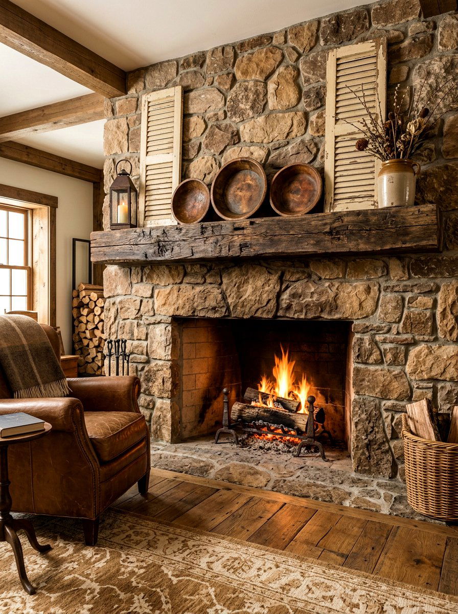 Rustic Wood Mantel - 30 winter mantel decor ideas