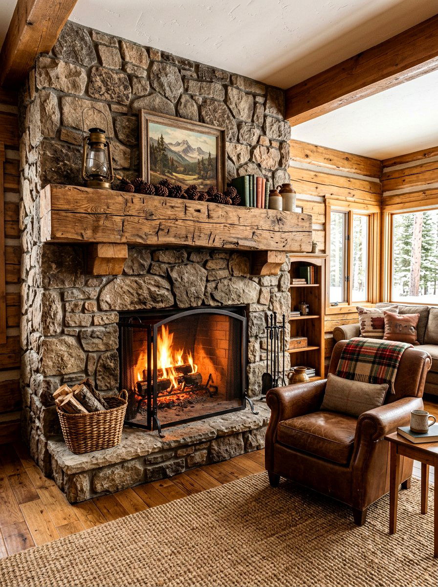 Rustic Wood Mantel - 30 basement fireplace ideas