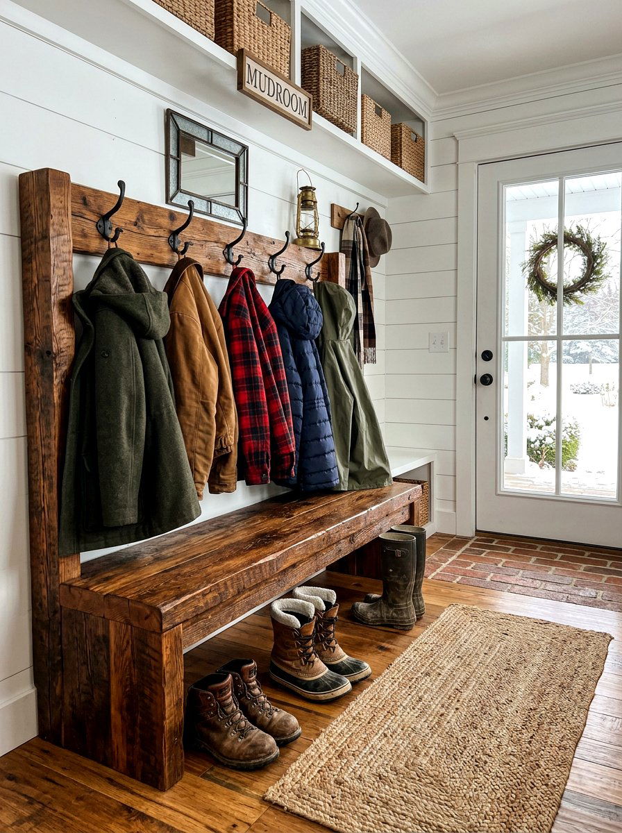 Rustic Wood Mudroom Bench - 30 farmhouse entryway bench ideas