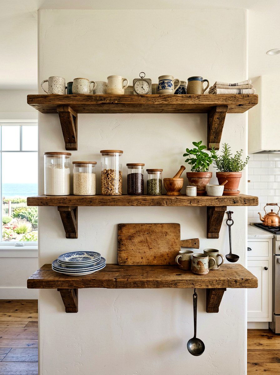 Rustic Wood Open Shelves - 30 tomato girl summer kitchen ideas