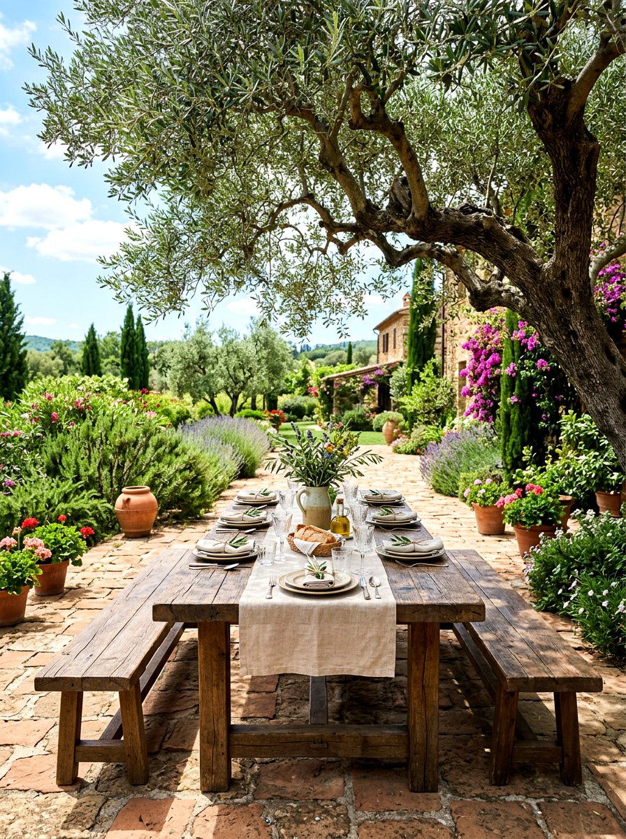 Rustic Wood Outdoor Dining - 30 Mediterranean garden ideas