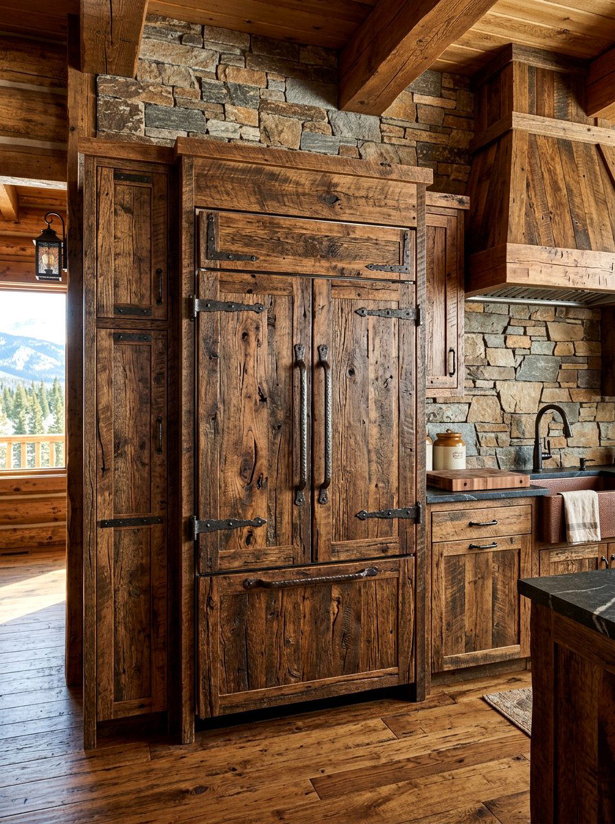 Rustic Wood Panel Fridge - 30 hidden fridge ideas