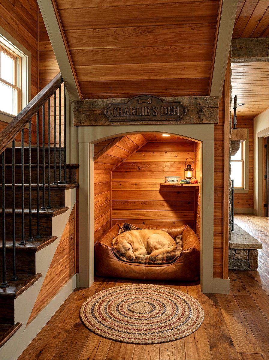 Rustic Wood Paneled Dog Den - 30 under stairs dog nook ideas