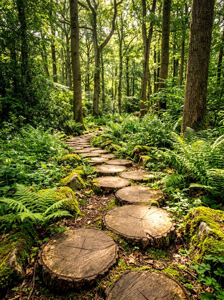 Rustic Wood Path - 30 stepping stone backyard path ideas