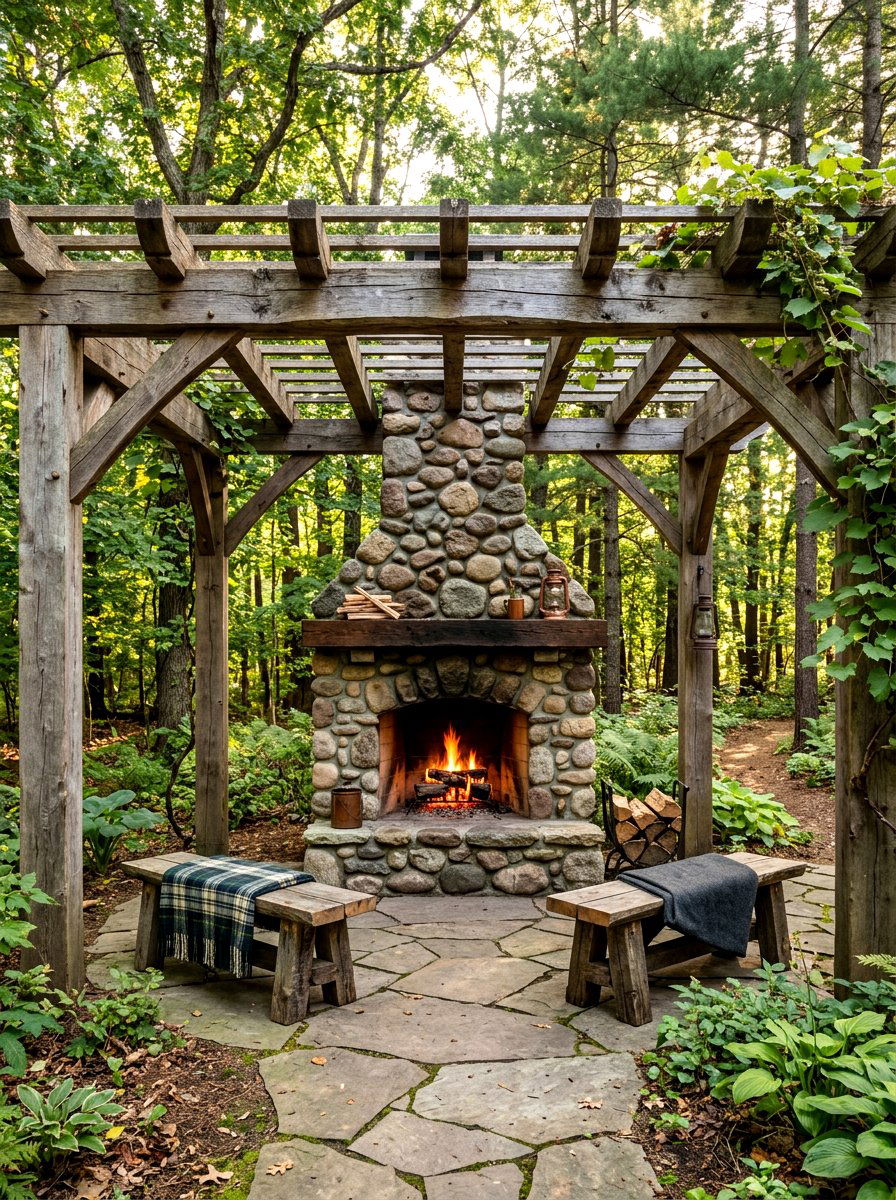 Rustic Wood Pergola Outdoor Hearth - 30 pergola with fireplace ideas
